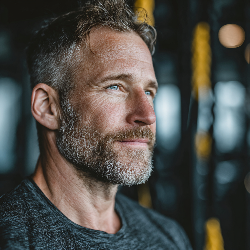 Confident middle-aged man in his 40s performing functional training exercises in a modern gym setting