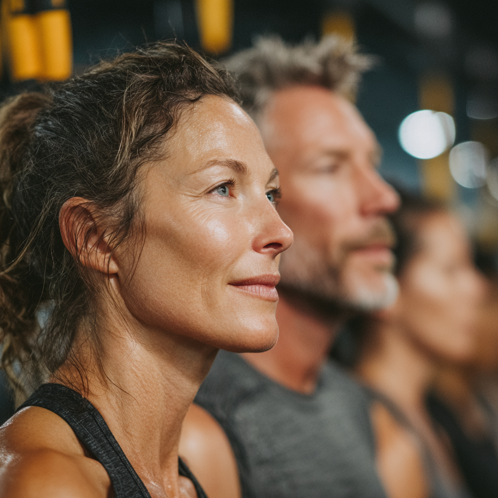 Group of adults in their 40s and 50s doing functional strength training exercises with professional guidance in a well-equipped fitness studio