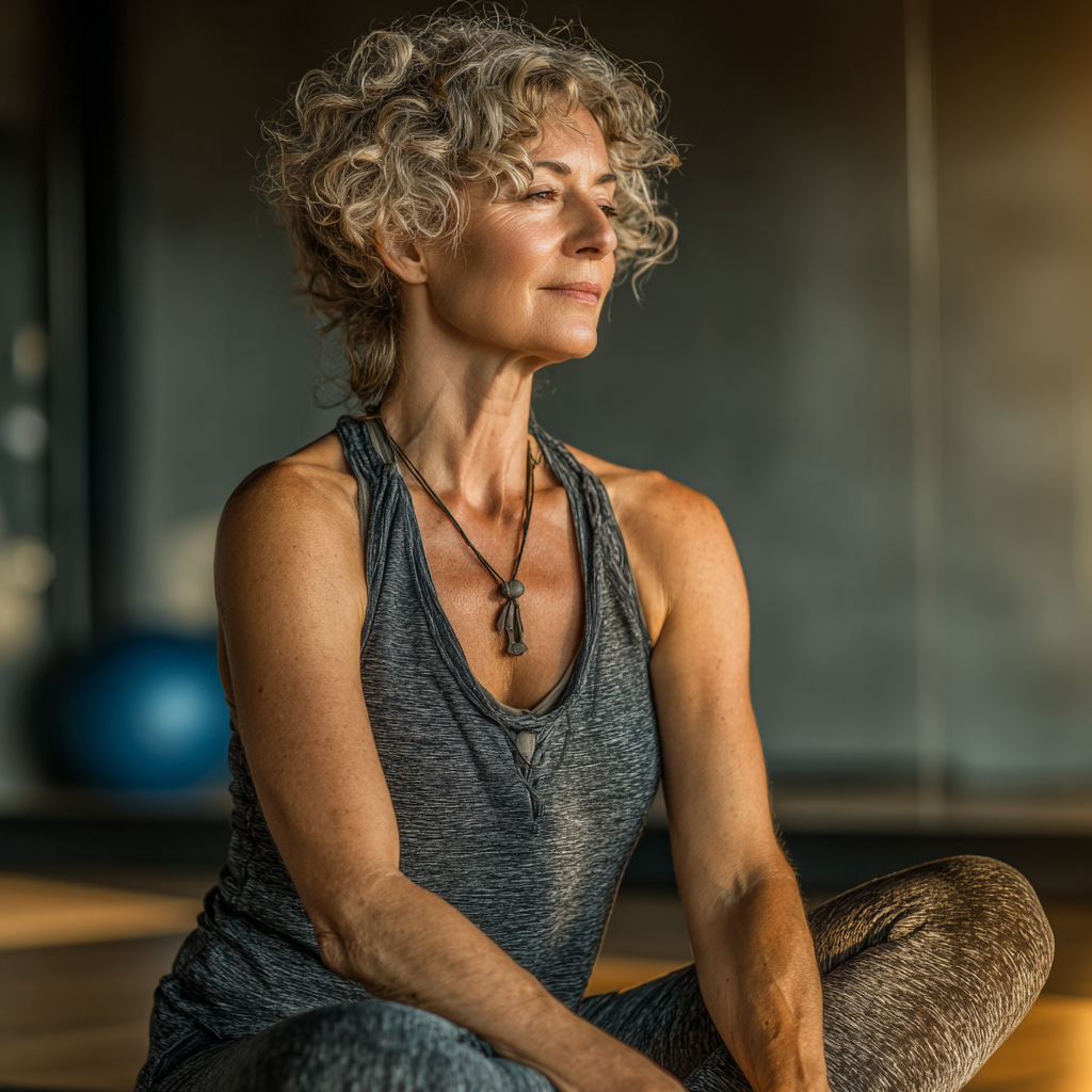 Mature woman in her 50s practicing mobility and flexibility exercises in a calm, well-lit training environment